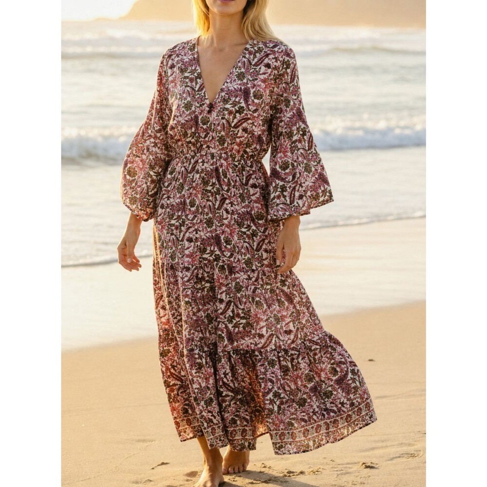 Anthropologie Boemo Boho V-neck Maxi Floral Paisley Casual Dress Size XL